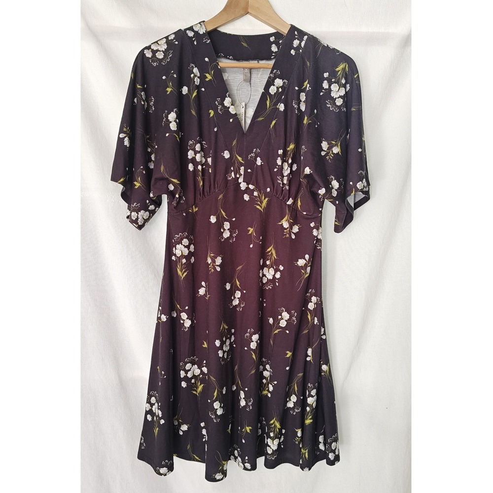 ASOS‎ Tea Dress Dark Purple Floral Empire Waist V-Neck Flutter Sleeve Size 6